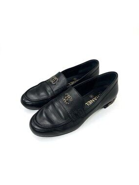 Chanel Loafer Leather Shoes Black Gold Coco Mark Chain Flat